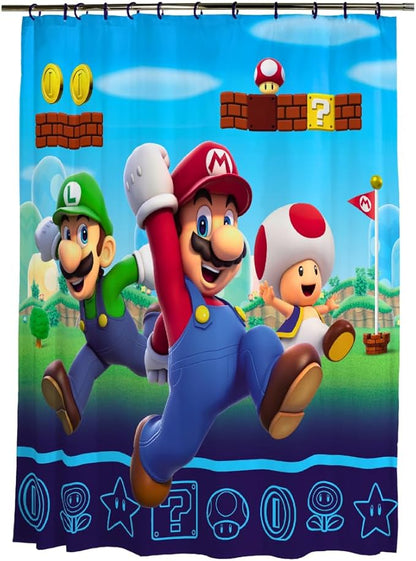 Super Mario 13-Piece Shower Curtain Set, 72 x 72 Inch Fabric Curtain with Hooks, Bathroom Decor, Machine Washable, (100% Officially Licensed Product) by Franco Collectibles