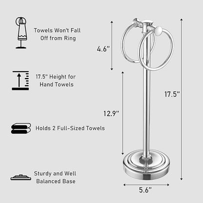 Hoimpro 17" Polished Chrome Standing Towel Rack Bracket, Double Towel Ring Free Hand Towel Stand Holder Bathroom Hardware Accessories Set Towel Bar for Bathroom Vanities and Kitchen Countertops