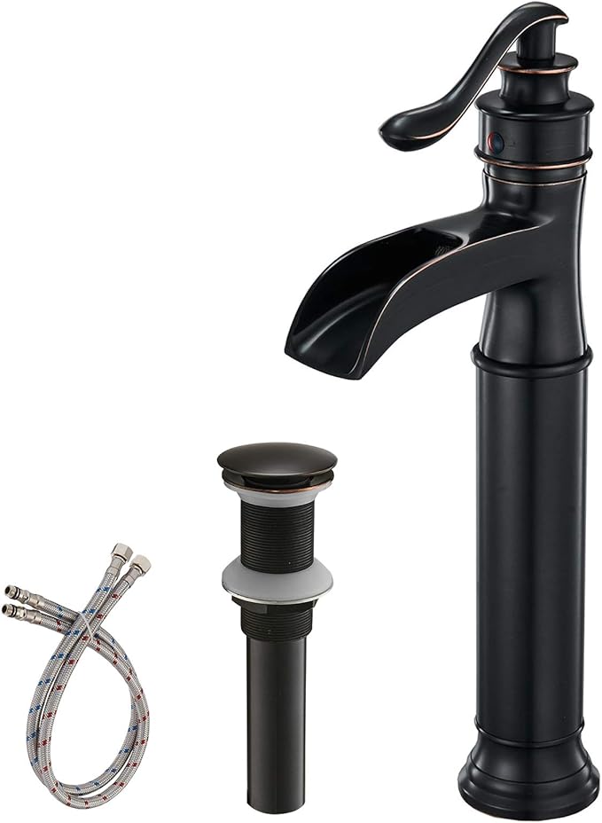 BWE Waterfall Spout Oil Rubbed Bronze Bathroom Faucet Single Handle One Hole Vessel Sink Faucet ORB Lavatory Faucets Deck Mount Tall Body Commercial