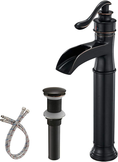 BWE Waterfall Spout Oil Rubbed Bronze Bathroom Faucet Single Handle One Hole Vessel Sink Faucet ORB Lavatory Faucets Deck Mount Tall Body Commercial