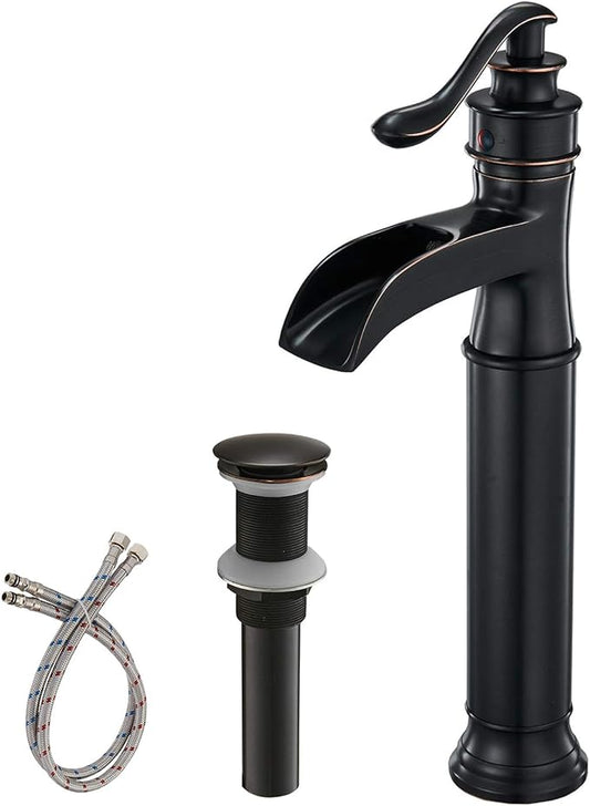 BWE Waterfall Spout Oil Rubbed Bronze Bathroom Faucet Single Handle One Hole Vessel Sink Faucet ORB Lavatory Faucets Deck Mount Tall Body Commercial