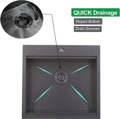KINGO HOME Black Bar Sink Drop in,20 x 21 Inch Single Bowl Small Kitchen Sinks,304 Stainless Steel Topmount Wet Bar Prep Sink With Grid&Drainer&Cutting Board