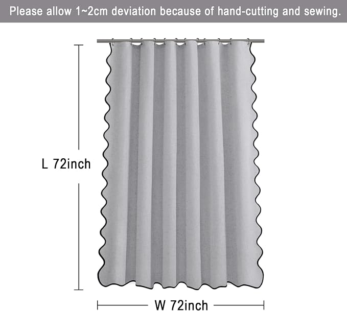 Scalloped Shower Curtain Linen Boho Flax Grey 72" W x 72" L | Linen Fabric, Black Border, Washable, Heavy Duty Cloth, Shower Curtain for Boho Farmhouse Bathroom Bathtub