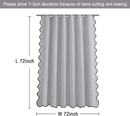 Scalloped Shower Curtain Linen Boho Flax Grey 72" W x 72" L | Linen Fabric, Black Border, Washable, Heavy Duty Cloth, Shower Curtain for Boho Farmhouse Bathroom Bathtub