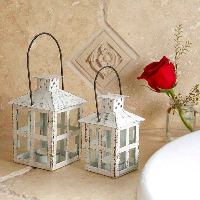 Kate Aspen White Vintage Distressed Rustic Candle Holder Decorative Lantern (6 Inch), Wedding Decoration, Centerpiece, Farmhouse Decor, Shelf Decor