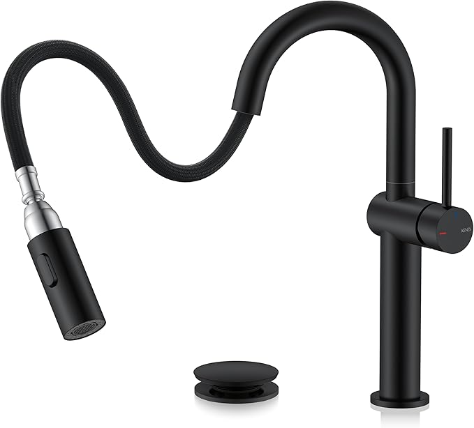 KENES Matte Black Tall Bathroom Faucet with Pull Out Sprayer, Pull Down Vessel Sink Faucet 1 Hole, Single Handle High Vanity Faucet with Pop Up Drain & Supply Lines, LJ-9065A-2