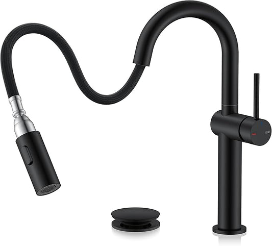 KENES Matte Black Tall Bathroom Faucet with Pull Out Sprayer, Pull Down Vessel Sink Faucet 1 Hole, Single Handle High Vanity Faucet with Pop Up Drain & Supply Lines, LJ-9065A-2