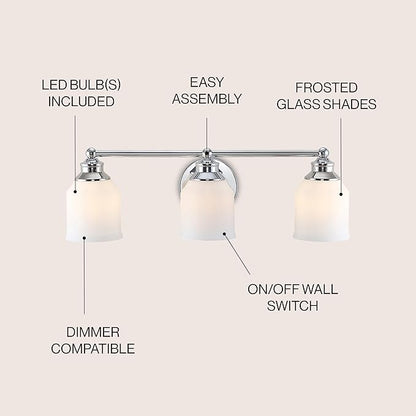JONATHAN Y 24" Chrome Modern Farmhouse LED Vanity Light Wall Sconce Fixture, Frosted White Glass Shade, Dimmable Wall Lamp for Bathroom Mirror Kitchen Sink, UL Listed (JYL7551A)