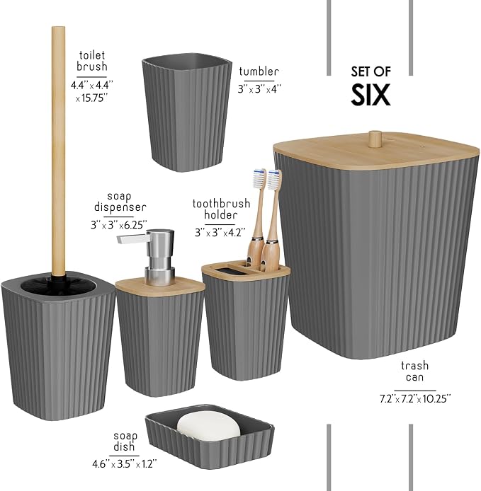 Clara Clark Bathroom Set - Grey Bathroom Accessories Set, 6PC Bathroom Accessory Set, Bathroom Sets with Toilet Brush, Trash Can & Soap Dispenser