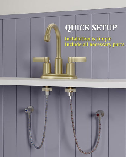Brushed Gold Bathroom Sink Faucet 3 Hole 4 Inch Centerset Bathroom Faucets | Faucet for Bathroom Sink with Pop Up Drain and 2 Supply Hoses 2 Handle Bathroom Faucet for Sink Vanity RV Evolvegoods