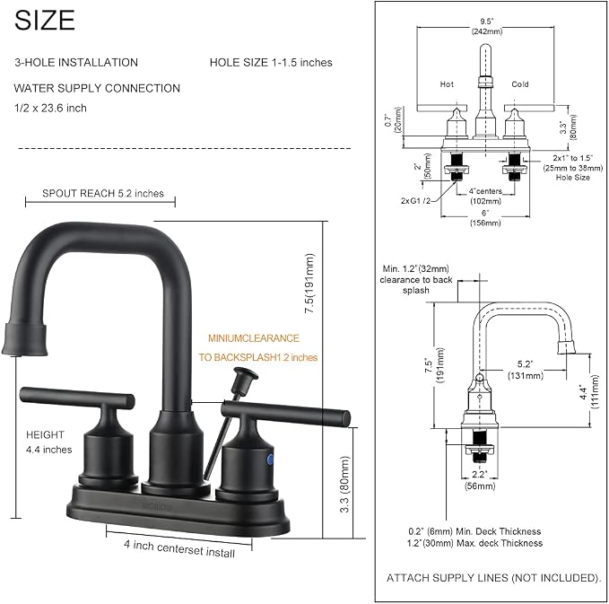 WOWOW Bathroom Faucet Black 4 inch Bathroom Sink Faucet Centerset Lift Rod Drain Stopper 2 Handle Lavatory Vanity Tap High Arc Modern