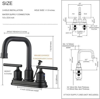 WOWOW Bathroom Faucet Black 4 inch Bathroom Sink Faucet Centerset Lift Rod Drain Stopper 2 Handle Lavatory Vanity Tap High Arc Modern