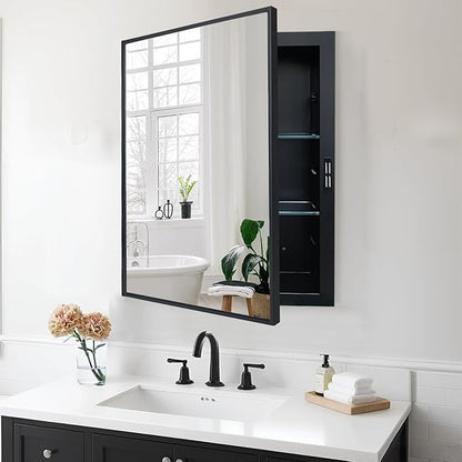 Recessed Medicine Cabinets with Mirror, Black Bathroom Mirror with Storage, Rectangle Medicine Cabinet Mirror, Farmhouse Framed Wall Mirror Recessed or Surface Mount, 16x20 Inch