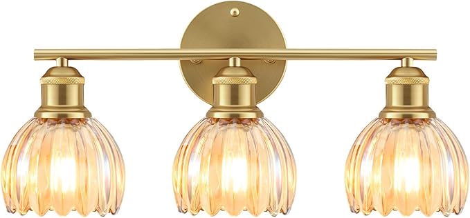 Bathroom Light Fixtures, 3-Light Brushed Gold Vanity Lights for Bathroom with Amber Tulip Glass Shade, 20" Vintage Bathroom Vanity Lighting Fixtures Over Mirror for Bedroom Living Room Hallway