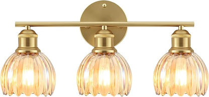 Bathroom Light Fixtures, 3-Light Brushed Gold Vanity Lights for Bathroom with Amber Tulip Glass Shade, 20" Vintage Bathroom Vanity Lighting Fixtures Over Mirror for Bedroom Living Room Hallway