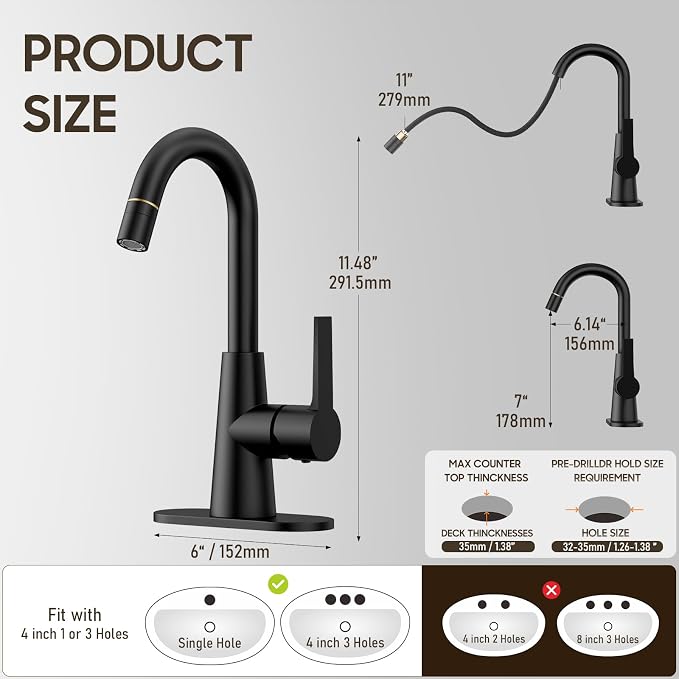 High Arc Bathroom Sink Faucet with Pull Down Sprayer, Tall Matte Black Single Handle Pull Out Faucet with Pop-Up Drain, 1 or 3 Hole Laundry Bar Basin Faucet with Deck Plate WE10CL-ZY-MB