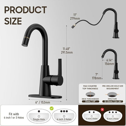 High Arc Bathroom Sink Faucet with Pull Down Sprayer, Tall Matte Black Single Handle Pull Out Faucet with Pop-Up Drain, 1 or 3 Hole Laundry Bar Basin Faucet with Deck Plate WE10CL-ZY-MB