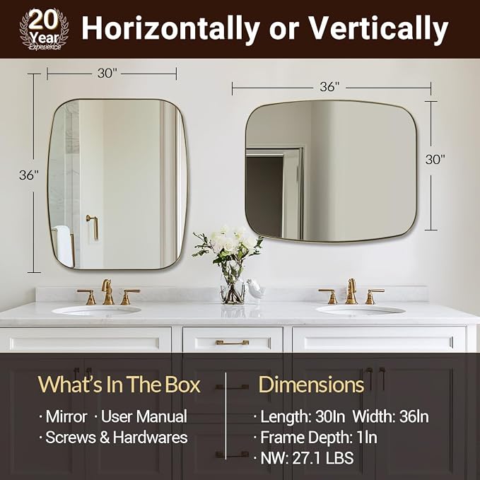 30x36” Gold Bathroom Mirror, Oblong Brass Mirror with Stainless Steel Metal Frame, Brushed Gold Oval Vanity Mirror for Over Sink, Modern Anti Rust Wall Mounted