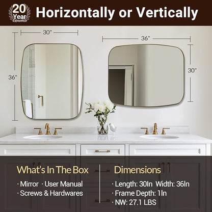 30x36” Gold Bathroom Mirror, Oblong Brass Mirror with Stainless Steel Metal Frame, Brushed Gold Oval Vanity Mirror for Over Sink, Modern Anti Rust Wall Mounted