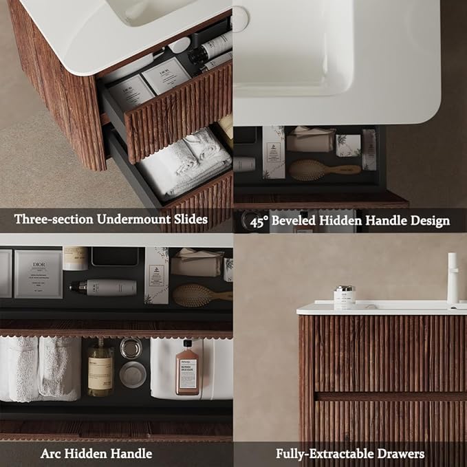 30" Floating Bathroom Vanity with Sink, Wall Mounted Modern Bathroom Cabinet with 2 Soft Close Drawers, Oak & Plywood, Pre-Assembled with Integrated Ceramic Basin – Bruges, Retro Walnut