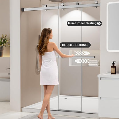 Frameless Stainless Steel Sliding Shower Door, 56-60" W x 76" H - 1/4” (6mm) Thick Tempered Glass Rust-Proof Glass Shower Door with Dual Tracks in Brushed Nickel