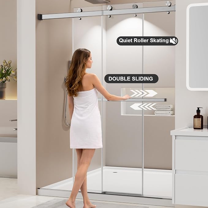 Frameless Stainless Steel Sliding Shower Door, 56-60" W x 72" H - 1/4” (6mm) Thick Tempered Glass Rust-Proof Glass Shower Door with Dual Tracks in Brushed Nickel
