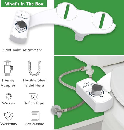 BUTT BUDDY Duo - Bidet Toilet Seat Attachment & Fresh Water Sprayer (Easy to Install | Non-Electric | Dual-Nozzle Cleaning | Gentle Wash | Healthy, Sanitary Bathroom)