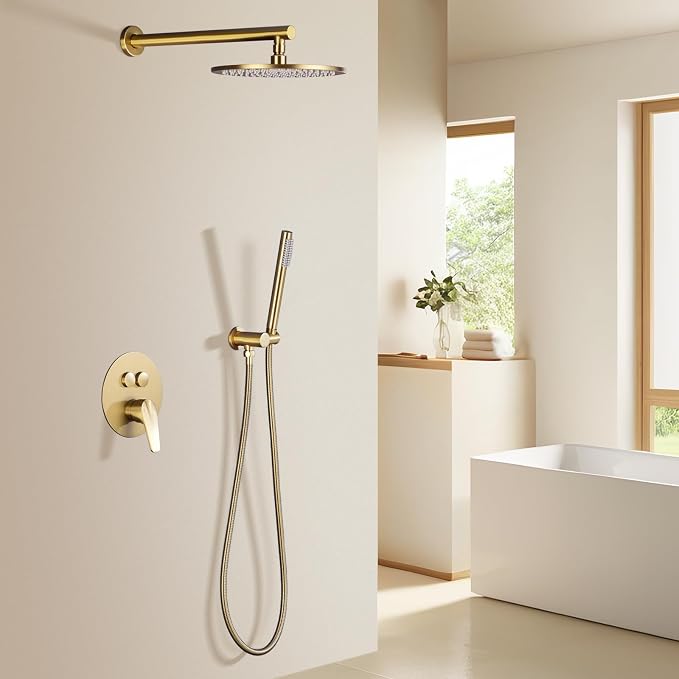 TRUSTMI 10" Push Button Rain Shower, Pressure Balanced Valve, Brushed Gold | Solid brass wall mount kit with handheld sprayer. cUPC anti-scald valve protects the whole family.