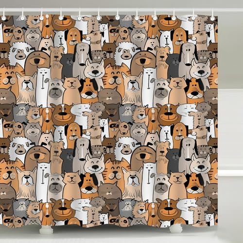 Cute Dog Cat Doodle Seamless Pattern Shower Curtain with Hooks 72 x 72 Inch