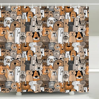 Cute Dog Cat Doodle Seamless Pattern Shower Curtain with Hooks 72 x 72 Inch