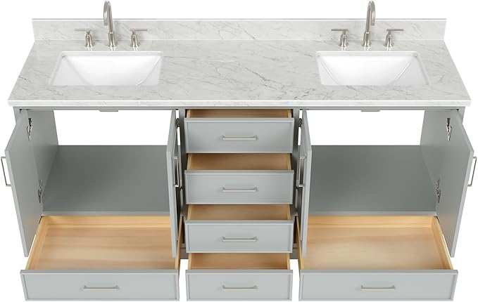 ARIEL Stafford 72-inch Bathroom Vanity with Sink,Solid Wood, 0.75-inch Italian Carrara Marble Countertop, Double Rectangular Porcelain Sink, 4 Soft Closing Doors, 6 Dovetail Drawers, Grey