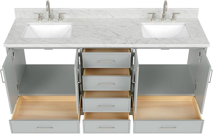 ARIEL Stafford 72-inch Bathroom Vanity with Sink,Solid Wood, 0.75-inch Italian Carrara Marble Countertop, Double Rectangular Porcelain Sink, 4 Soft Closing Doors, 6 Dovetail Drawers, Grey