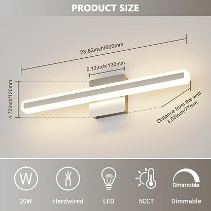 JUSHENG Brushed Nickel Vanity Lights for Bathroom, 5CCT Dimmable Vanity Light Bar, Modern LED Bathroom Lighting Fixtures Above Mirror 24'' Inch 20W