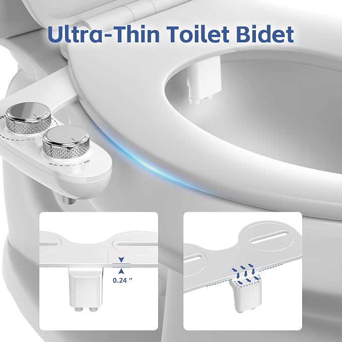 Bidet Attachment for Toilet, Dual Nozzle with Self-Cleaning Bidet Toilet Seat, Non-Electric Ultra-Thin Bidets for Existing Toilets, Rear/Feminine Wash with Adjustable Water Pressure, CSL0401