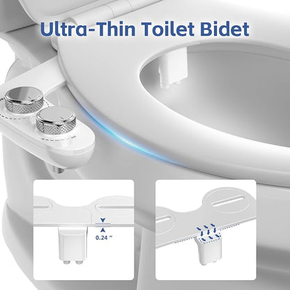 Bidet Attachment for Toilet, Dual Nozzle with Self-Cleaning Bidet Toilet Seat, Non-Electric Ultra-Thin Bidets for Existing Toilets, Rear/Feminine Wash with Adjustable Water Pressure, CSL0401