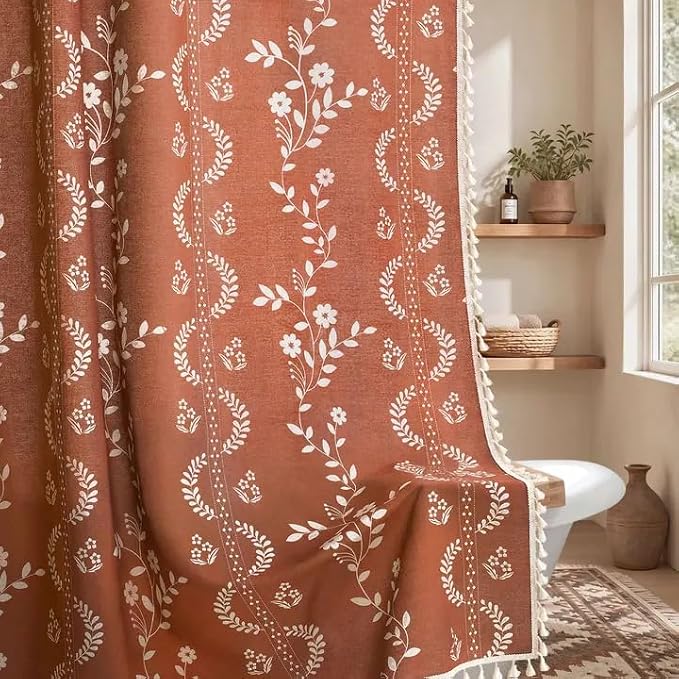 Boho Terracotta Vintage Shower Curtain with Tassels | 72 x 78 Inch,Bohemian Floral Linen Fabric Pattern Curtain Curtain For Bathroom