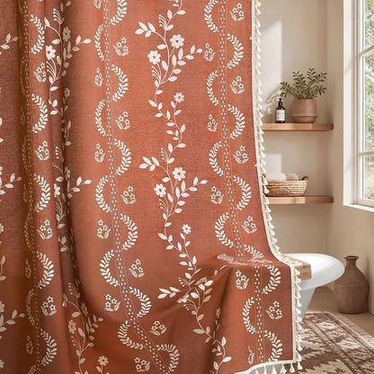 Boho Terracotta Vintage Shower Curtain with Tassels | 72 x 78 Inch,Bohemian Floral Linen Fabric Pattern Curtain Curtain For Bathroom
