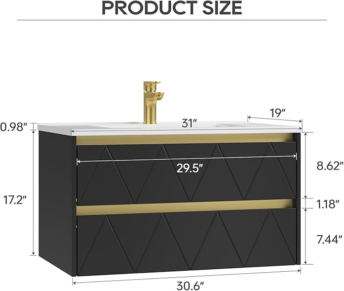 30 Inch Bathroom Vanity with Sink, Wall Mounted Floating Vanity with Modern Stripe Design, Floating Vanity Bathroom with U-Shaped Drawer, 30 Inch Vanity with Sink, Hidden Handle, Black