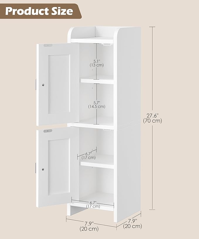 Small Bathroom Cabinet with 2 Doors, 7.9''D x 7.9''W Narrow Toilet Paper Storage Cabinet, Bathroom Organizer for Small Spaces, Slim Corner Unit with Adjustable Shelf, White