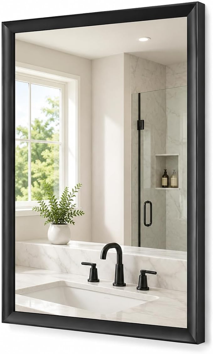 22x30 Inch Black Bathroom Mirrors for Over Sink | Rectangle Vanity Wall Mirror for Bedroom, Entryway, Living Room Decor, Aluminum Framed, Curved Wide Edge, Anti-Rust