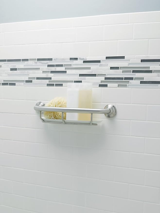 Moen Home Care Bathroom Safety 16 Inch Handicap Grab Bar for Bathtub and Shower with Storage Shelf, Elderly Assistance Product, Brushed Nickel, R2356DBN
