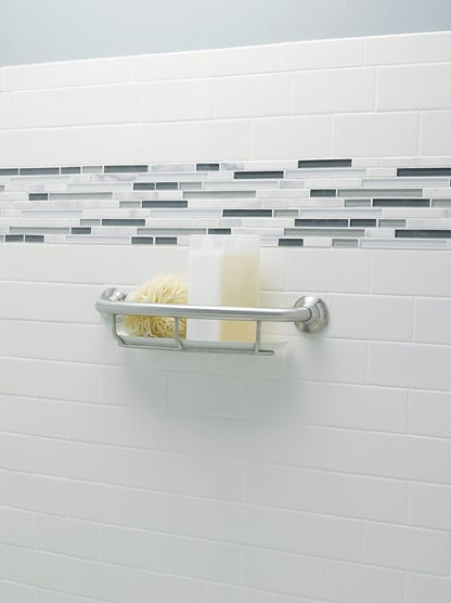 Moen Home Care Bathroom Safety 16 Inch Handicap Grab Bar for Bathtub and Shower with Storage Shelf, Elderly Assistance Product, Brushed Nickel, R2356DBN