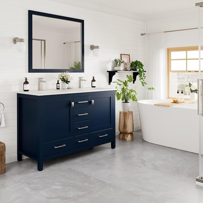 Eviva London 48 Inch Double Sink Vanity - Blue Double Vanity Sinks for Bathrooms - 48 Bathroom Vanity with Top and Sink - Freestanding 48 Vanity with Sink and Countertop Quartz - Porcelain Sink Combo