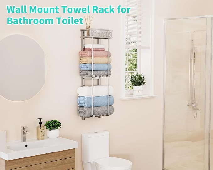 HapiRm Towel Rack Bathroom Storage - 3 Tier Over The Door & Wall Mounted Rolled Towel Racks Holder Organizer with Metal Shelf and 6 Hooks for Small Bathroom, Camper, Rv - Sliver