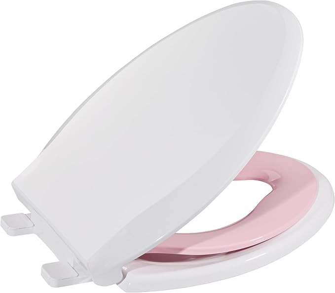 Toilet Seat, Elongated Toilet Seat with Toddler Seat Built in, Potty Training Toilet Seat Elongated Fits Both Adult and Child, with Slow Close and Magnets- Elongated White and Pink