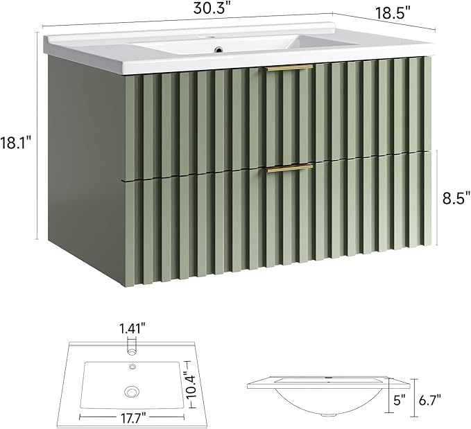 ONBRILL 30 Inch Bathroom Vanity with Sink Combo, Floating Bathroom Vanity with 2 Fluted Drawers & Metal Handle, Modern Wall Mount Storage Cabinet with Ceramic Integrated Sink for Small Space (Green)