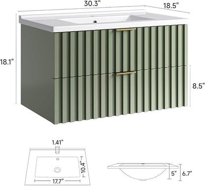 ONBRILL 30 Inch Bathroom Vanity with Sink Combo, Floating Bathroom Vanity with 2 Fluted Drawers & Metal Handle, Modern Wall Mount Storage Cabinet with Ceramic Integrated Sink for Small Space (Green)