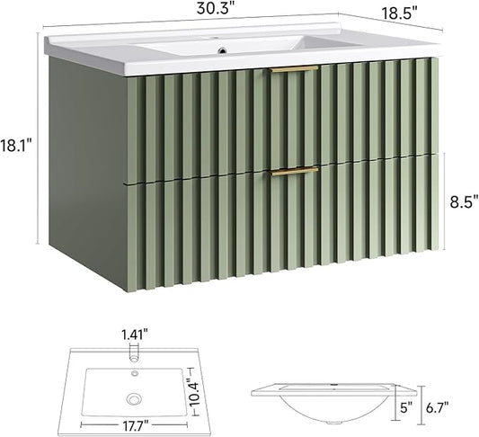 ONBRILL 30 Inch Bathroom Vanity with Sink Combo, Floating Bathroom Vanity with 2 Fluted Drawers & Metal Handle, Modern Wall Mount Storage Cabinet with Ceramic Integrated Sink for Small Space (Green)