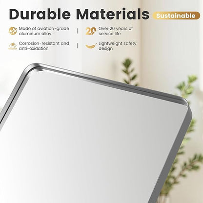 20" x 40" Large Brushed Nickel Bathroom Mirror for Wall, Large Mirrors for Spacious Rooms,Brushed Silver Metal Framed Mirror, Rounded Rectangle Silver Bathroom Mirrors, Tempered Glass