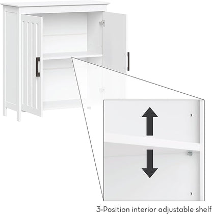 RiverRidge Monroe Two-Door Floor Storage Cabinet - Bathroom Storage Cabinet with Adjustable Shelves - Soft-Close Doors White Finish with Matte Black Handles